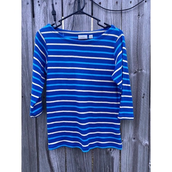 L.L. Bean Tops - LL Bean Womens Blue Striped Cotton Boat Neck 3/4 Sleeve Top Small 501776